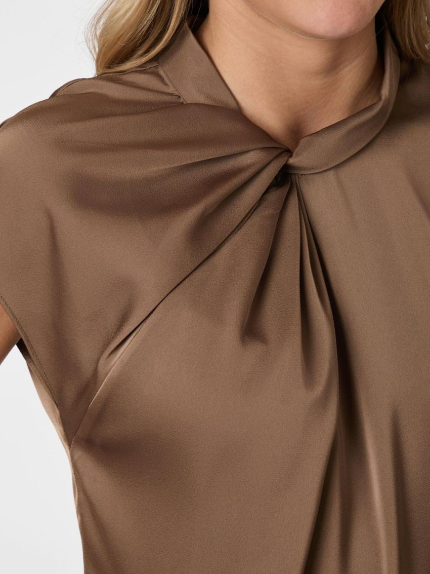Fleur Drapy Satin Blouse Dusty Brown