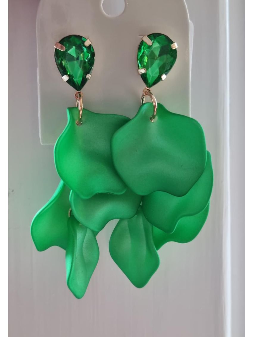 Leaf Earrings Metallic Strong Green white Stone